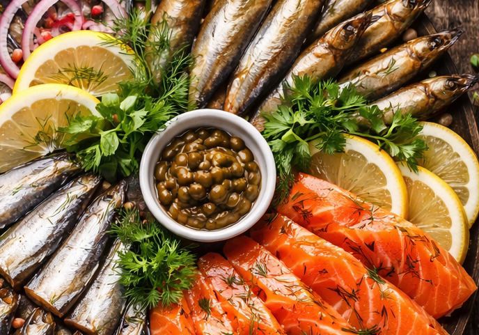 Fish Assortment: Herring, Sprats, Smoked Sprats, Salmon